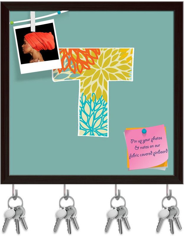 Artzfolio Floral Letter T Pinboard with Key Holder Hooks Dark Brown Frame 20x20inch Cork Bulletin Board  (Multicolor 20 x 20 inch (51 x 51 cms))