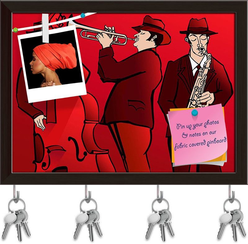 Artzfolio Jazz Band With Bass Saxophone & Trumpet Pinboard & Key Hooks Dark Brown13.6x10in Cork Bulletin Board  (Multicolor 13.6 x 10 inch (35 x 25 cms))