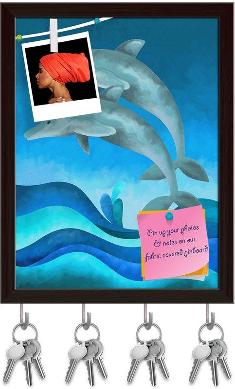 Artzfolio Two Blue Dolphins Pinboard with Key Holder Hooks Dark Brown Frame 8x10.3inch Cork Bulletin Board  (Multicolor 8 x 10.3 inch (20 x 26 cms))