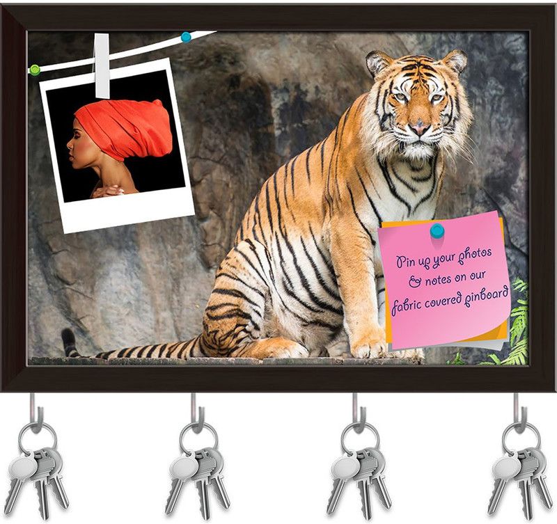 Artzfolio Bengal Tiger Pinboard with Key Holder Hooks Dark Brown Frame 11.5x8inch Cork Bulletin Board  (Multicolor 11.5 x 8 inch (29 x 20 cms))