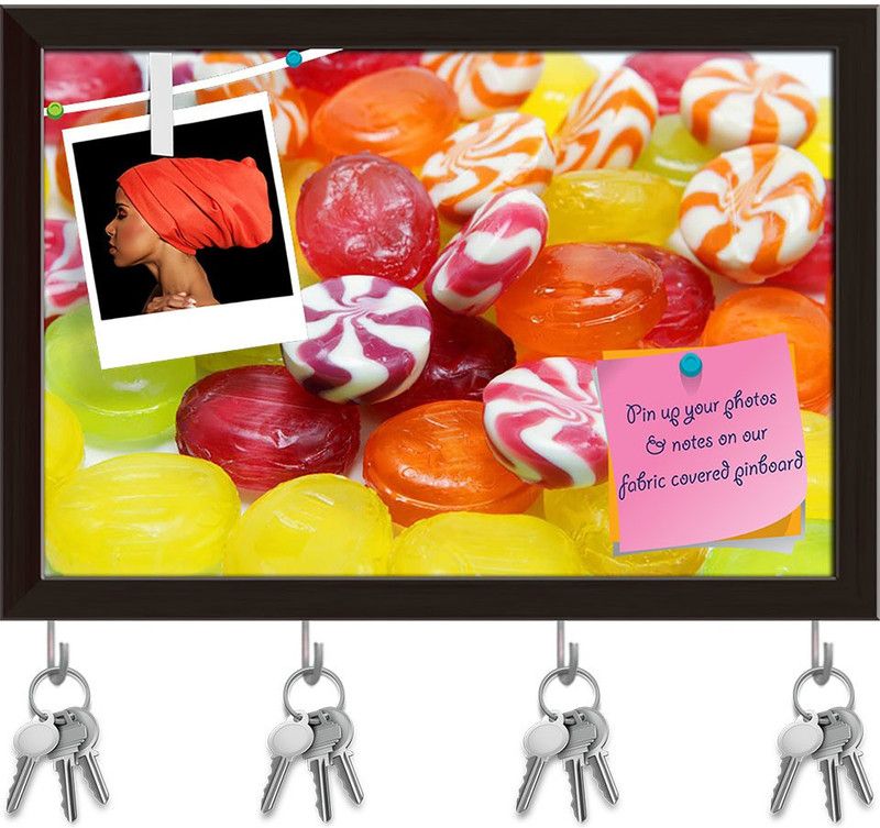 Artzfolio Colored Caramel Candies Pinboard with Key Holders Dark Brown Frame8.5x6inch Cork Bulletin Board  (Multicolor 8.5 x 6 inch (22 x 15 cms))