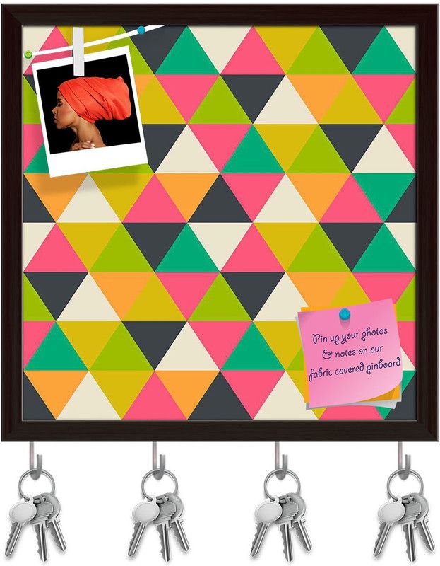 Artzfolio Retro Geometric Pinboard with Key Holder Hooks Dark Brown Frame 20x20inch Cork Bulletin Board  (Multicolor 20 x 20 inch (51 x 51 cms))