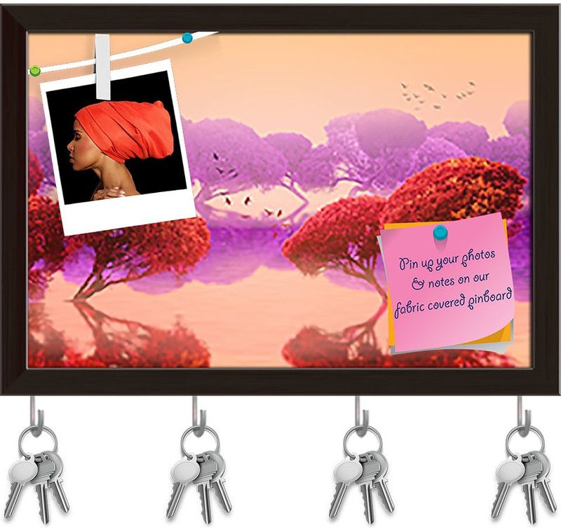 Artzfolio Oriental Landscape Pinboard with Key Holder Hooks Dark Brown Frame 17.5x12inch Cork Bulletin Board  (Multicolor 17.5 x 12 inch (44 x 30 cms))