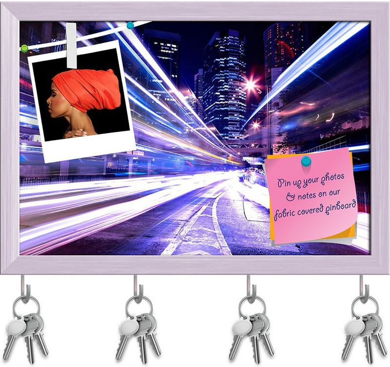 Artzfolio Modern City At Night Pinboard with Key Holder Hooks White Frame 17.5x12inch Cork Bulletin Board  (Multicolor 17.5 x 12 inch (44 x 30 cms))