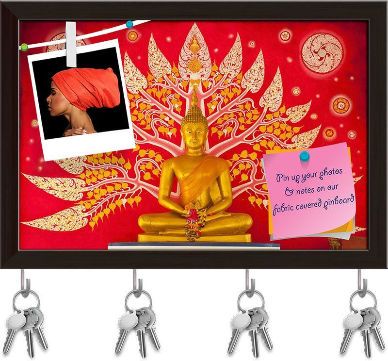 Artzfolio Buddha Art Work Pinboard with Key Holder Hooks Dark Brown Frame 8.6x6inch Cork Bulletin Board  (Multicolor 8.6 x 6 inch (22 x 15 cms))