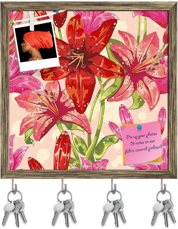 Artzfolio Dots & Leaves Pin Board with Key Holders Antique Golden Frame 20x20inch Cork Bulletin Board  (Multicolor 20 x 20 inch (51 x 51 cms))