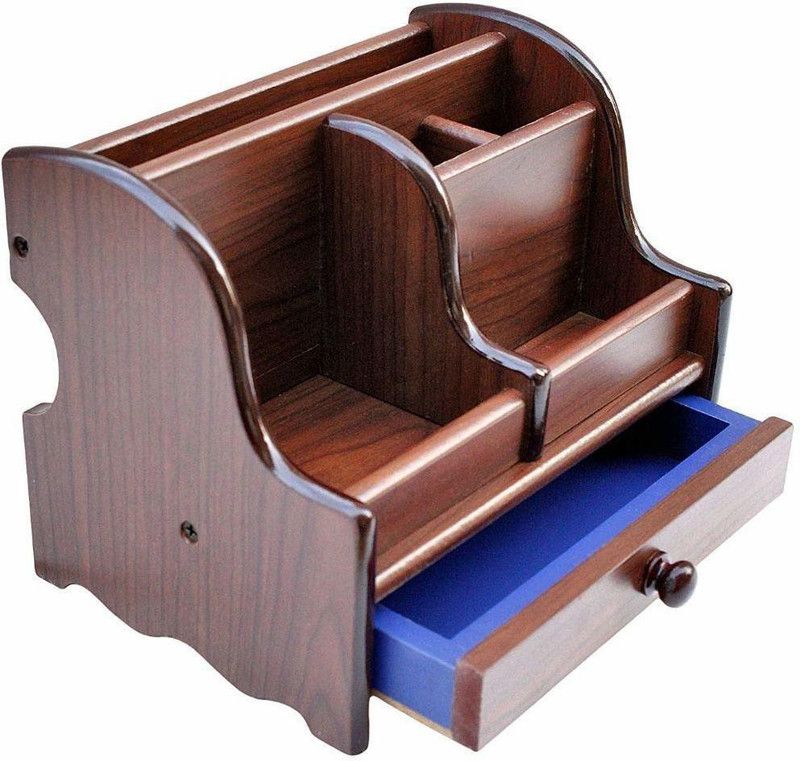 khorduExpo 6 Compartments Wooden Office Desktop Table Organizer Polished Wooden Pen,Pencil Desk Stand with Drawer  (Brown)