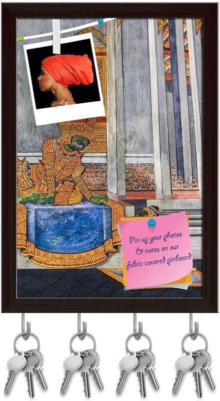 Artzfolio Thai Temple Wall Art Pinboard with Key Holder Hooks Dark Brown Frame 10x14.5inch Cork Bulletin Board  (Multicolor 10 x 14.5 inch (25 x 37 cms))