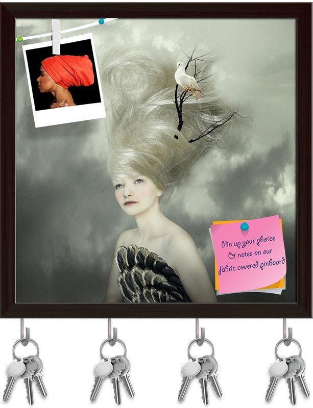 Artzfolio Female Model With A White Dove On A Branch Pinboard Key Hook Dark Brown16x16.2in Cork Bulletin Board  (Multicolor 16 x 16.2 inch (41 x 41 cms))