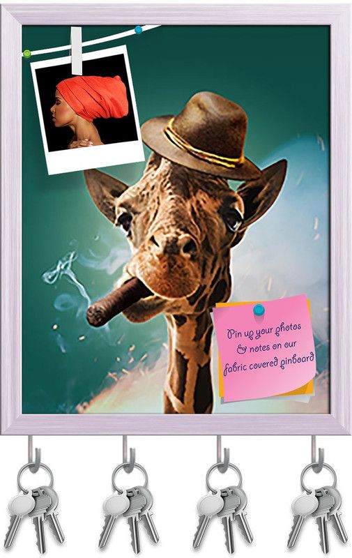Artzfolio Giraffe With Cigar & Hat Pin Board with Key Holders White Frame 6x7.3inch Cork Bulletin Board  (Multicolor 6 x 7.3 inch (15 x 19 cms))