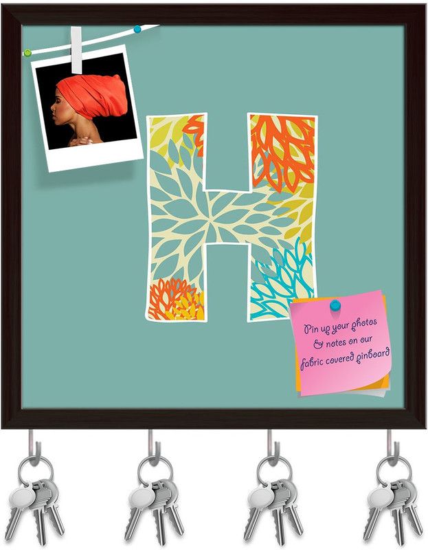 Artzfolio Floral Letter H Pinboard with Key Holder Hooks Dark Brown Frame 16x16inch Cork Bulletin Board  (Multicolor 16 x 16 inch (41 x 41 cms))