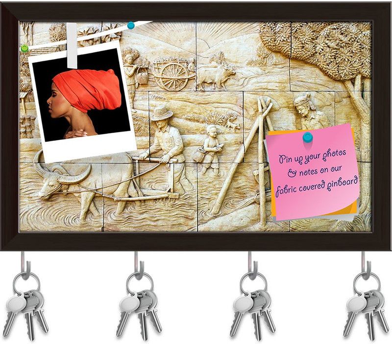 Artzfolio Thai Style Art D2 Pinboard with Key Holder Hooks Dark Brown Frame 9.4x6inch Cork Bulletin Board  (Multicolor 9.4 x 6 inch (24 x 15 cms))
