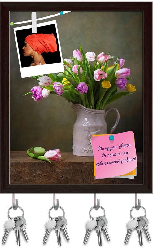 Artzfolio Still Life With Colorful Tulips D2 Pinboard & Key Hooks Dark Brown10x12.6in Cork Bulletin Board  (Multicolor 10 x 12.6 inch (25 x 32 cms))
