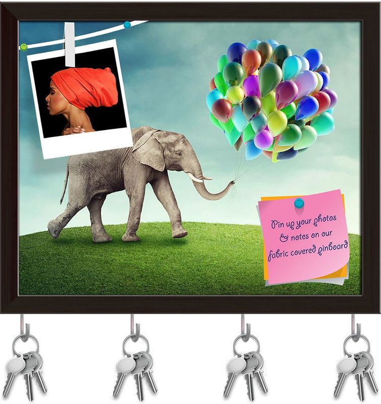 Artzfolio Elephant D7 Pinboard with Key Holder Hooks Dark Brown Frame 19.8x16inch Cork Bulletin Board  (Multicolor 19.8 x 16 inch (50 x 41 cms))
