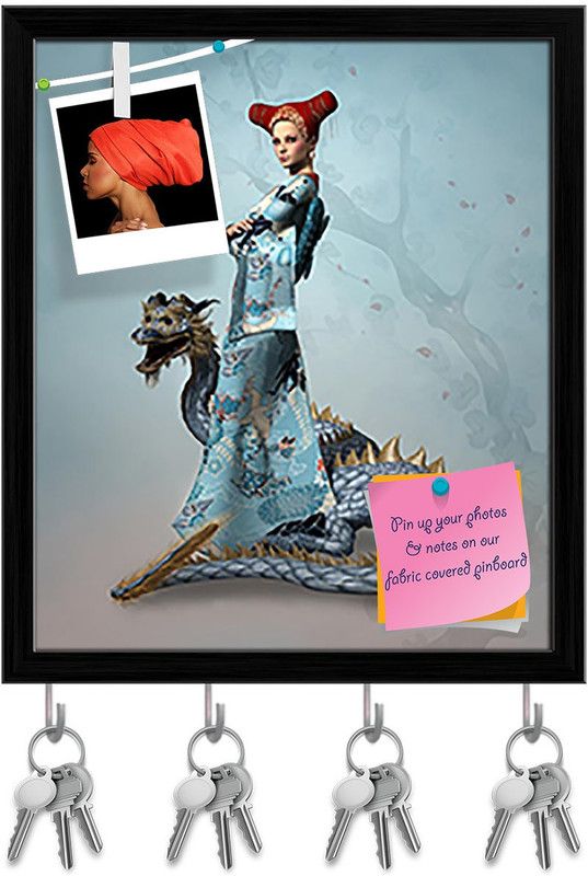 Artzfolio Eastern Woman With Dragon Pin Board with Key Holders Black Frame 8x9.3inch Cork Bulletin Board  (Multicolor 8 x 9.3 inch (20 x 24 cms))