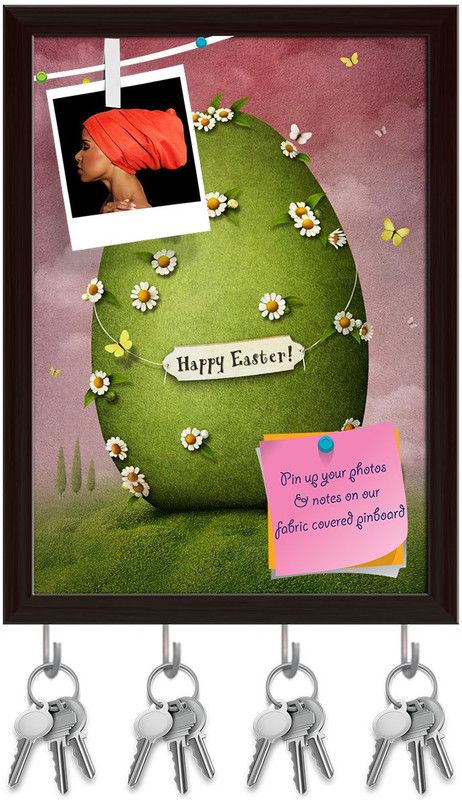 Artzfolio Green Easter Egg Pinboard with Key Holder Hooks Dark Brown Frame 10x13.7inch Cork Bulletin Board  (Multicolor 10 x 13.7 inch (25 x 35 cms))