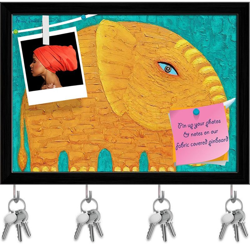 Artzfolio Yellow Elephant Pin Board with Key Holder Hooks Black Frame 11x8inch (28x20cms) Cork Bulletin Board  (Multicolor 11 x 8 inch (28 x 20 cms))