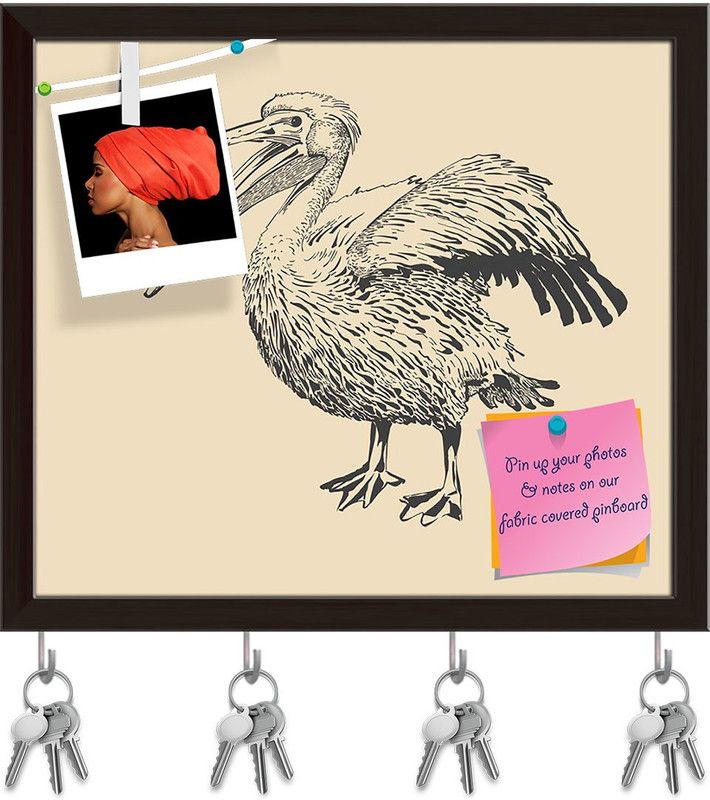 Artzfolio Pelican With Open Beak Pinboard with Key Holder Hooks Dark Brown Frame 9x8inch Cork Bulletin Board  (Multicolor 9 x 8 inch (23 x 20 cms))