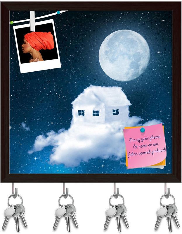 Artzfolio Fantasy House With Clouds Pinboard with Key Holders Dark Brown Frame20x20inch Cork Bulletin Board  (Multicolor 20 x 20 inch (51 x 51 cms))