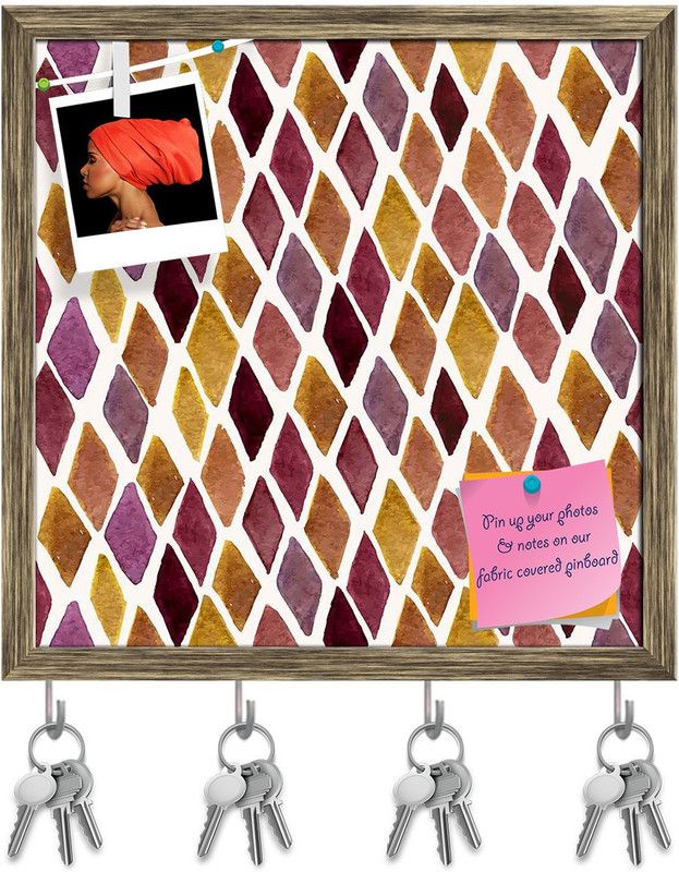 Artzfolio Checked D2 Pinboard with Key Holder Hooks Antique Golden Frame 20x20inch Cork Bulletin Board  (Multicolor 20 x 20 inch (51 x 51 cms))