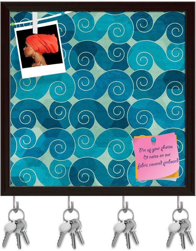 Artzfolio Spiral Waves Pinboard with Key Holder Hooks Dark Brown Frame 16x16inch Cork Bulletin Board  (Multicolor 16 x 16 inch (41 x 41 cms))