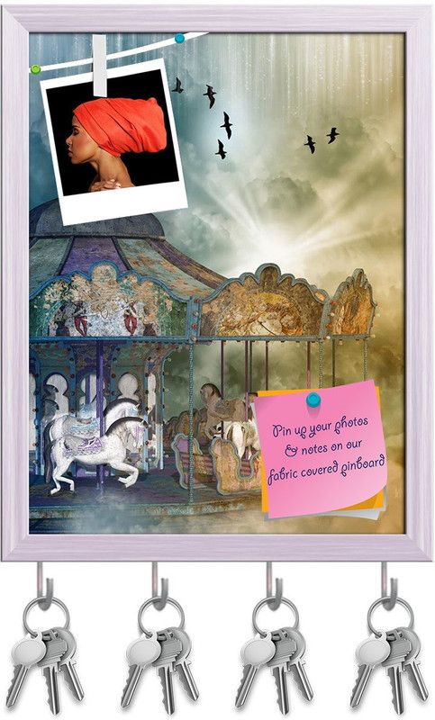Artzfolio Fantasy Landscape With Carousel In The Sky Pinboard & Key Hooks White 8x10.3inch Cork Bulletin Board  (Multicolor 8 x 10.3 inch (20 x 26 cms))