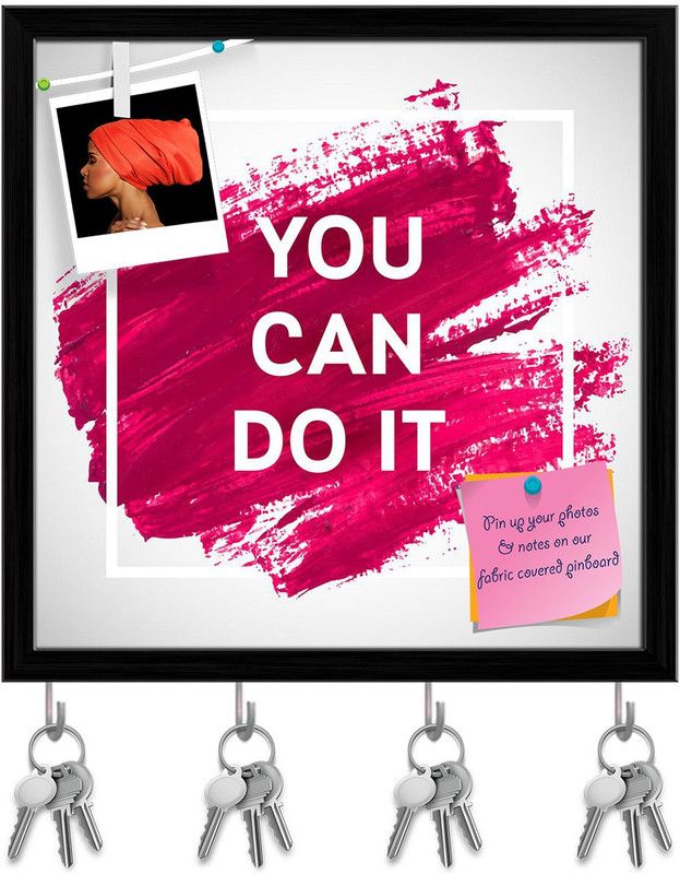 Artzfolio You Can Do It Pin Board with Key Holder Hooks Black Frame 8x8inch (20x20cms) Cork Bulletin Board  (Multicolor 8 x 8 inch (20 x 20 cms))