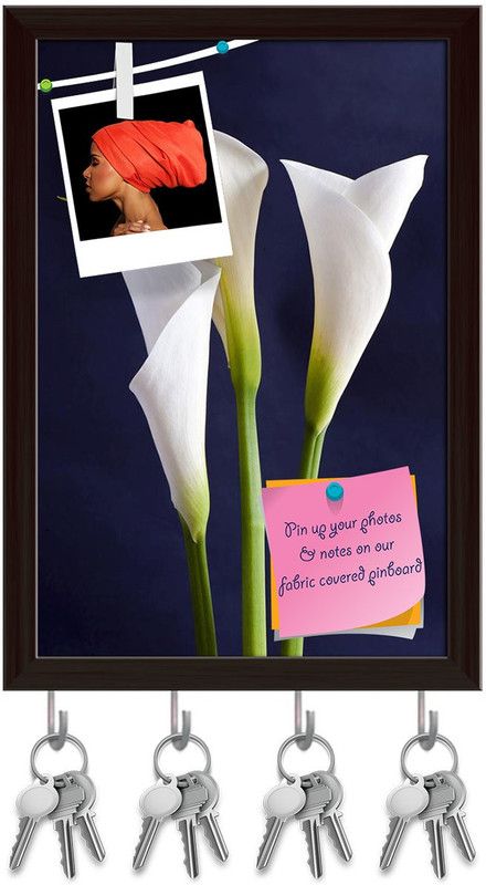 Artzfolio White Callas Flower Pinboard with Key Holder Hooks Dark Brown Frame 8x11.5inch Cork Bulletin Board  (Multicolor 8 x 11.5 inch (20 x 29 cms))