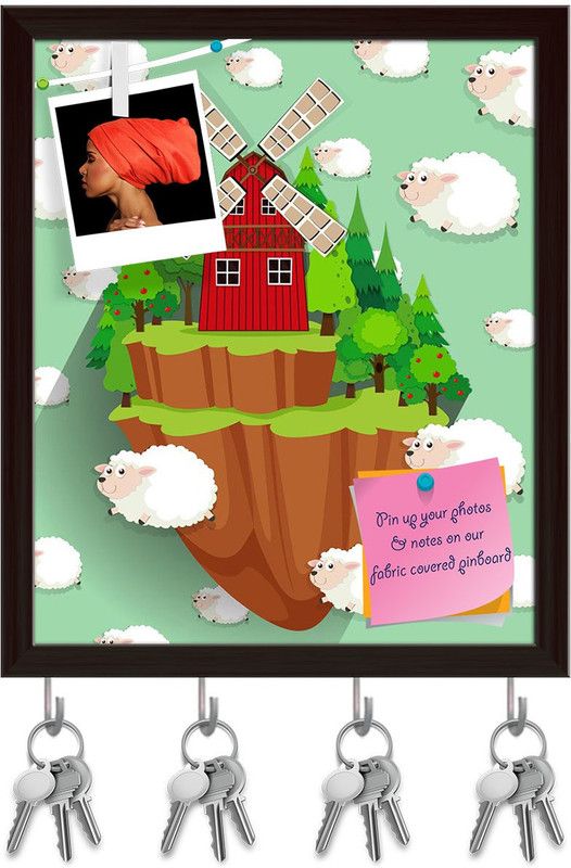 Artzfolio Windmill On The Farmland & Sheep Pinboard & Key Holder Dark Brown Frame16x19.1in Cork Bulletin Board  (Multicolor 16 x 19.1 inch (41 x 49 cms))