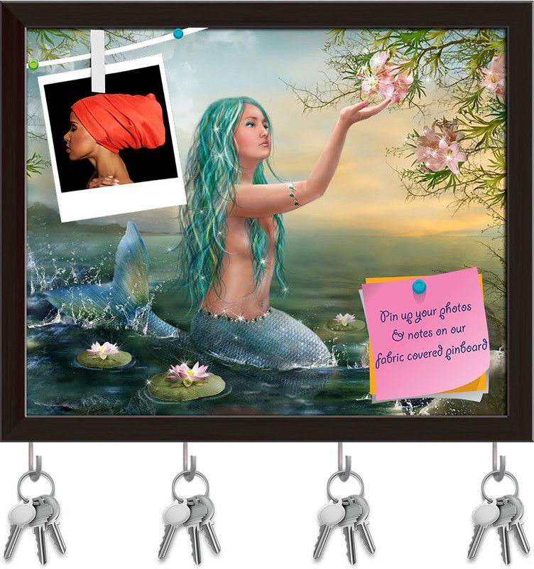 Artzfolio Mermaid With Flowers Pinboard with Key Holder Hooks Dark Brown Frame 19.6x16inch Cork Bulletin Board  (Multicolor 19.6 x 16 inch (50 x 41 cms))