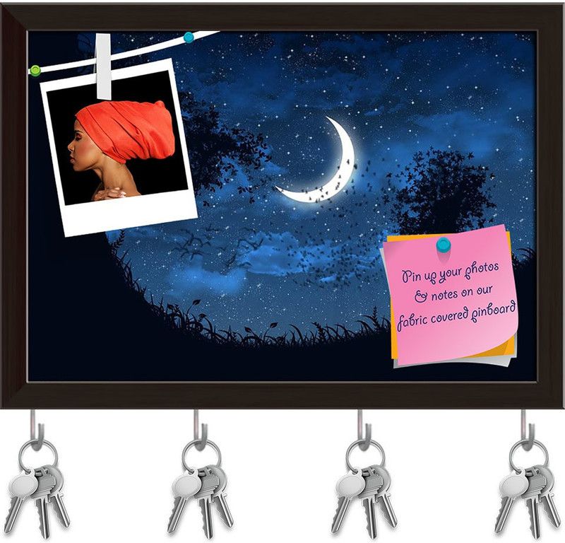 Artzfolio Sky With Stars & Moon Pinboard with Key Holder Hooks Dark Brown Frame 11.2x8inch Cork Bulletin Board  (Multicolor 11.2 x 8 inch (28 x 20 cms))