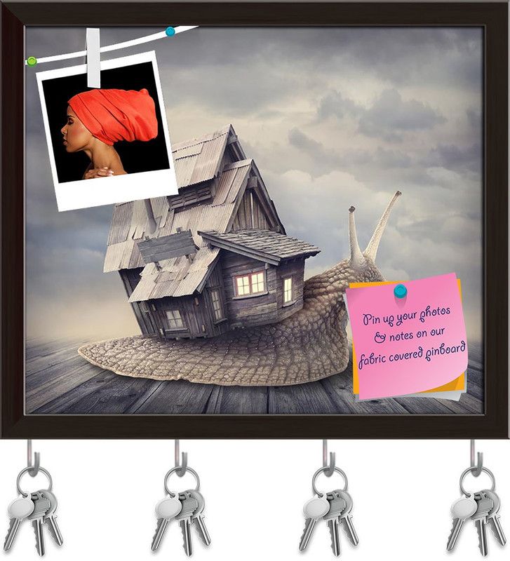 Artzfolio Snail With A Shell House Pinboard with Key Holders Dark Brown Frame18.8x16inch Cork Bulletin Board  (Multicolor 18.8 x 16 inch (48 x 41 cms))