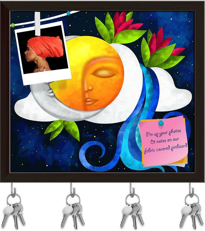 Artzfolio Sun & Moon Pinboard with Key Holder Hooks Dark Brown Frame 9x8inch (23x20cms) Cork Bulletin Board  (Multicolor 9 x 8 inch (23 x 20 cms))