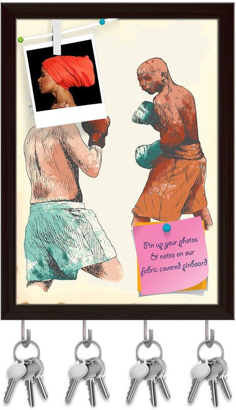 Artzfolio Boxing Men D3 Pinboard with Key Holder Hooks Dark Brown Frame 8x10.9inch Cork Bulletin Board  (Multicolor 8 x 10.9 inch (20 x 28 cms))