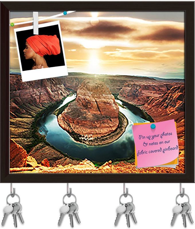 Artzfolio Horse Shoe Bend Pinboard with Key Holder Hooks Dark Brown Frame 17.2x16inch Cork Bulletin Board  (Multicolor 17.2 x 16 inch (44 x 41 cms))