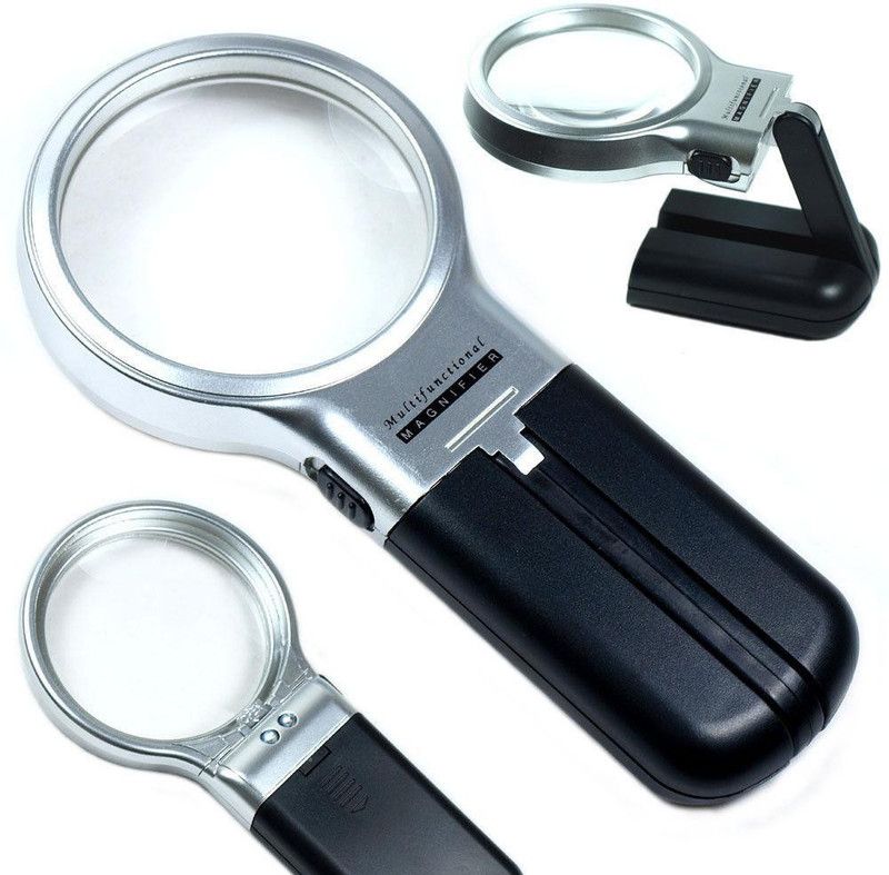 touaretails 3-in-1 Hand-Held Folding Lighted High-Powered Magnifier Glass with 3X Zoom and 2 LED Lights 8 reading magnifier  (White, Black)
