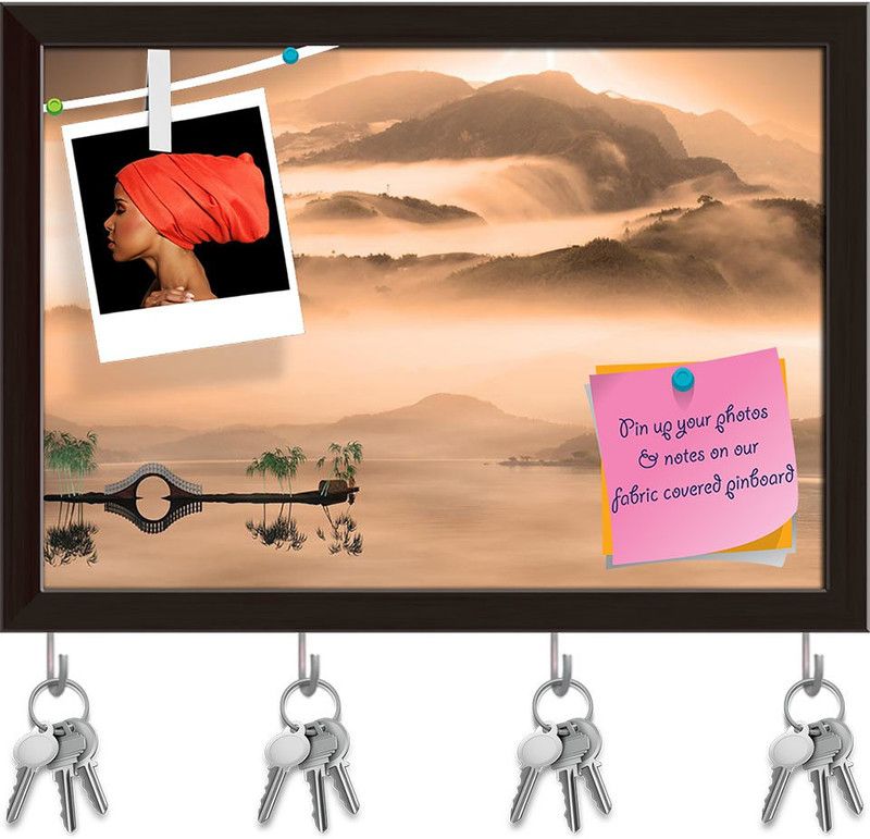 Artzfolio Chinese Landscape D1 Pinboard with Key Holder Hooks Dark Brown Frame 14x10inch Cork Bulletin Board  (Multicolor 14 x 10 inch (36 x 25 cms))