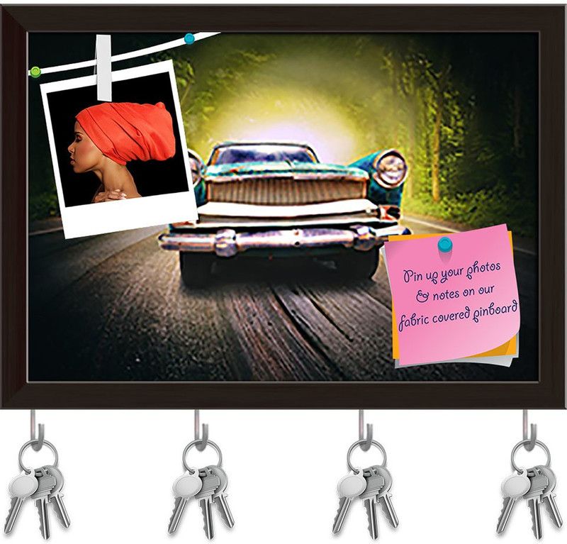 Artzfolio Old Car On The Magic Road Pin Board with Key Holders Dark Brown Frame 8.3x6inch Cork Bulletin Board  (Multicolor 8.3 x 6 inch (21 x 15 cms))