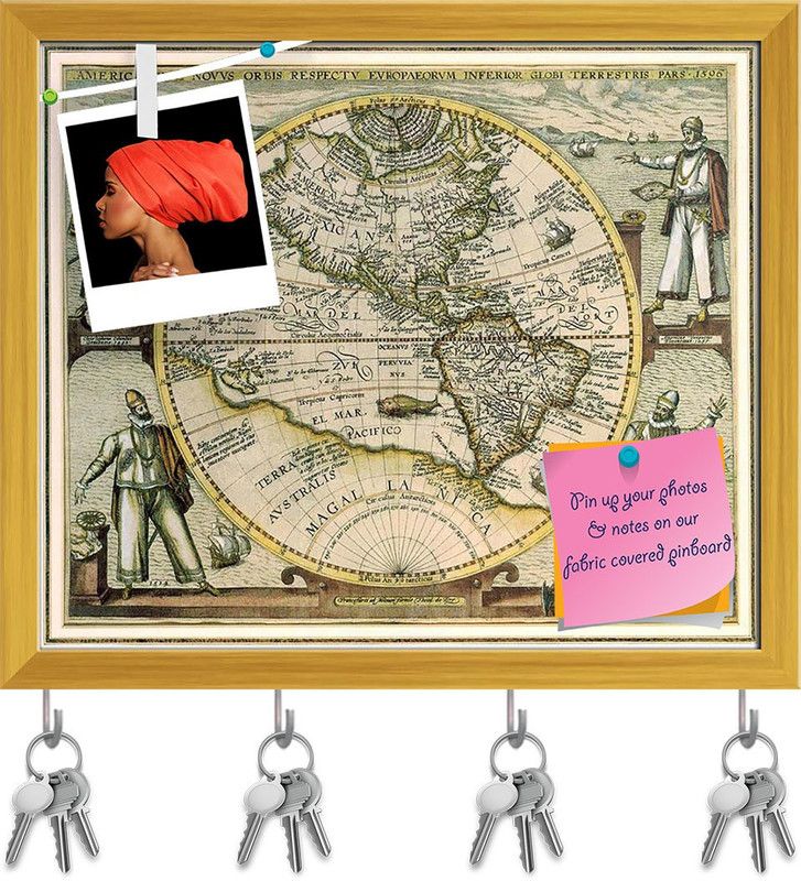 Artzfolio Photo of an Old Map Pinboard with Key Holders Golden Frame 11.7x10inch Cork Bulletin Board  (Multicolor 11.7 x 10 inch (30 x 25 cms))