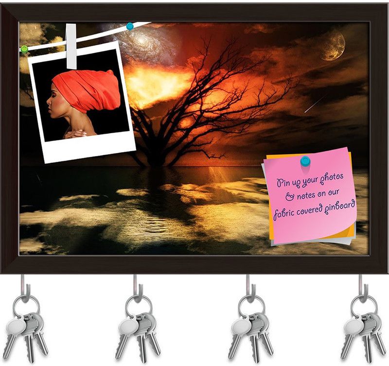 Artzfolio Magical Landscape Pinboard with Key Holder Hooks Dark Brown Frame 8.5x6inch Cork Bulletin Board  (Multicolor 8.5 x 6 inch (22 x 15 cms))