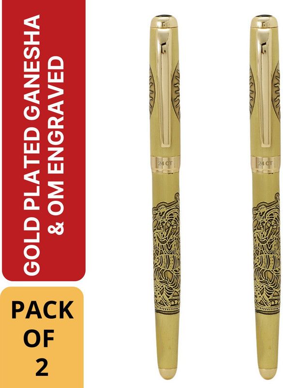 Hayman 24 CT Ganesha & Om Engraved Roller Ball Pen  (Pack of 2, Blue)