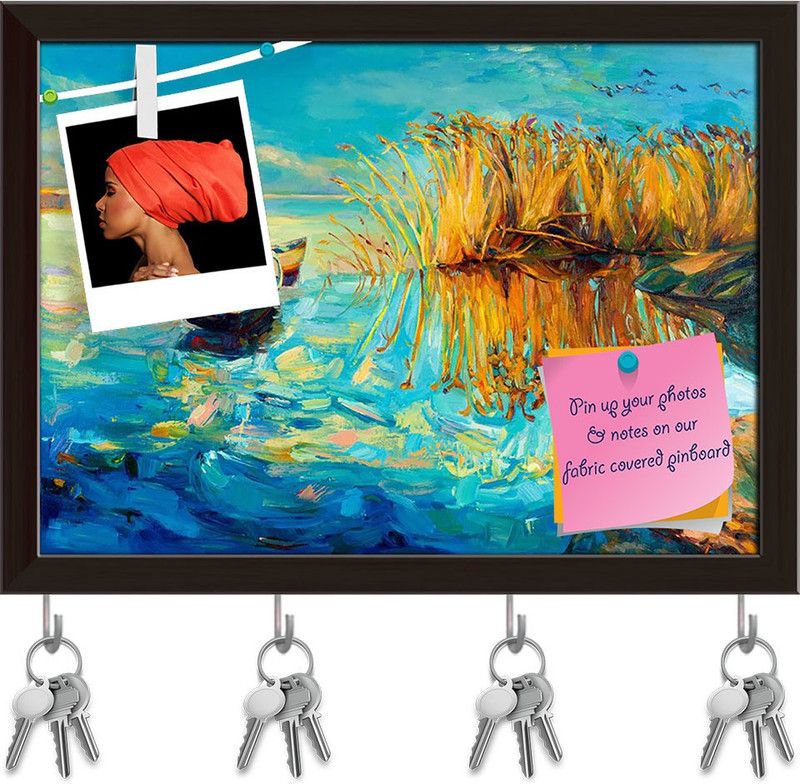 Artzfolio Boats Beautiful Lake & Fern Pinboard with Key Holders Dark Brown Frame10.8x8inch Cork Bulletin Board  (Multicolor 10.8 x 8 inch (27 x 20 cms))