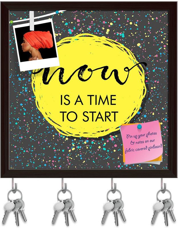 Artzfolio Just Start D2 Pinboard with Key Holder Hooks Dark Brown Frame 20x20inch Cork Bulletin Board  (Multicolor 20 x 20 inch (51 x 51 cms))
