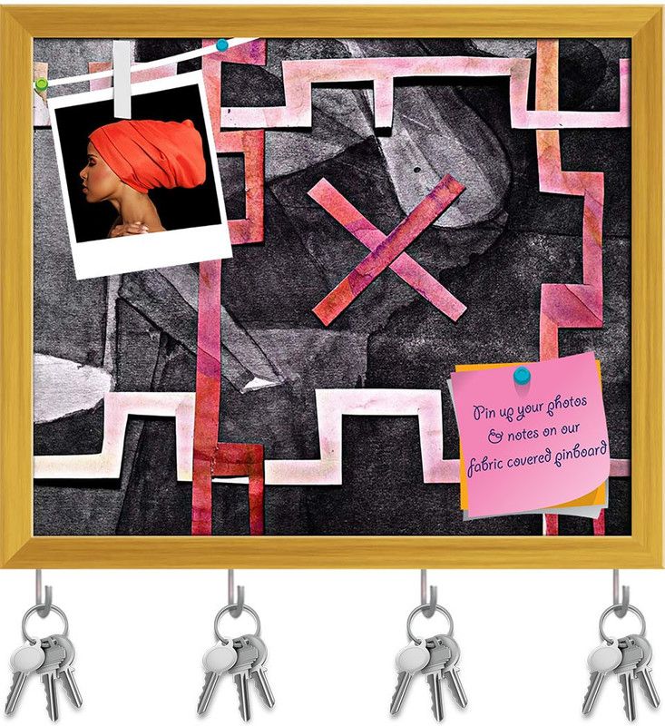 Artzfolio Abstract Pin Board with Key Holder Hooks Golden Frame 19x16inch (48x41cms) Cork Bulletin Board  (Multicolor 19 x 16 inch (48 x 41 cms))