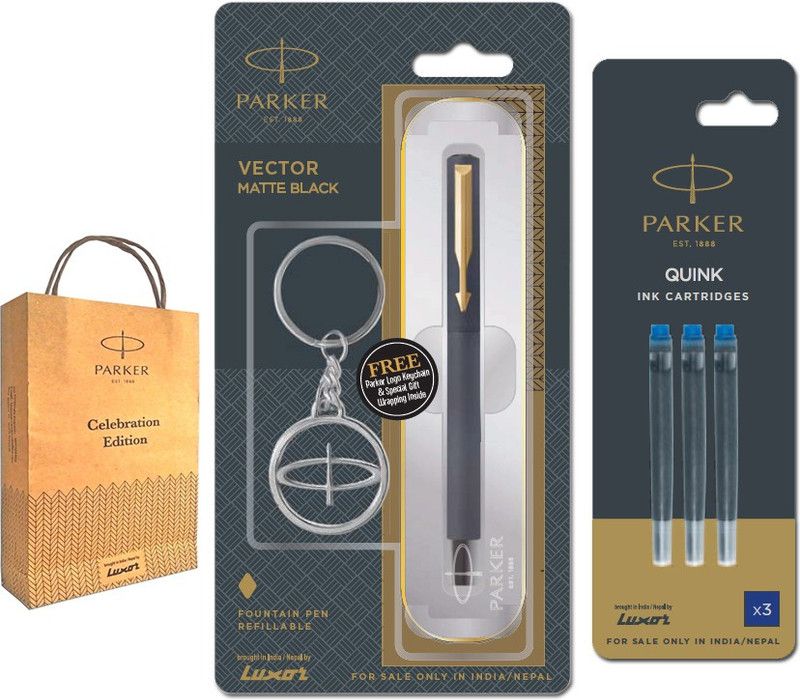 PARKER Vector Matte Black Fountain Pen with With Blue Quink Ink Cartridges and Gift Bag Pen Gift Set  (Blue)