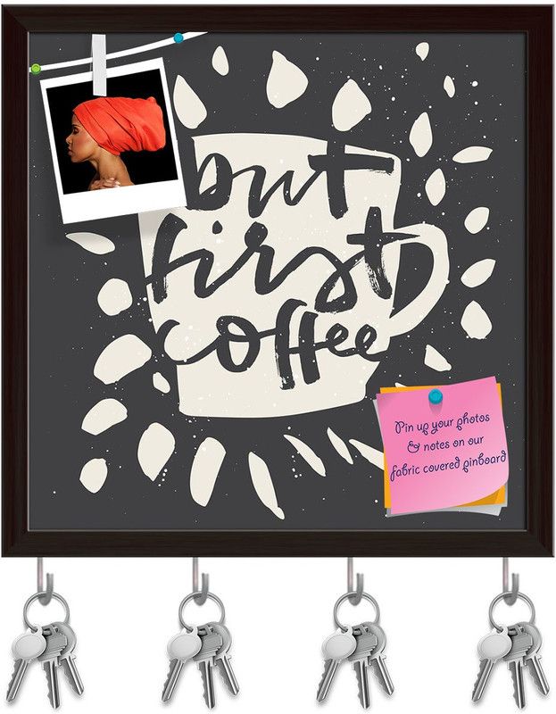 Artzfolio First Coffee Pinboard with Key Holder Hooks Dark Brown Frame 20x20inch Cork Bulletin Board  (Multicolor 20 x 20 inch (51 x 51 cms))