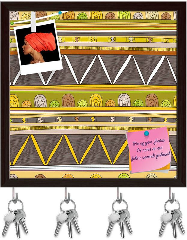 Artzfolio Tribal Art D3 Pinboard with Key Holder Hooks Dark Brown Frame 16x16inch Cork Bulletin Board  (Multicolor 16 x 16 inch (41 x 41 cms))
