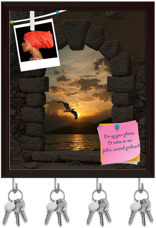 Artzfolio Sunset & Seagull Pinboard with Key Holder Hooks Dark Brown Frame 6x6.8inch Cork Bulletin Board  (Multicolor 6 x 6.8 inch (15 x 17 cms))