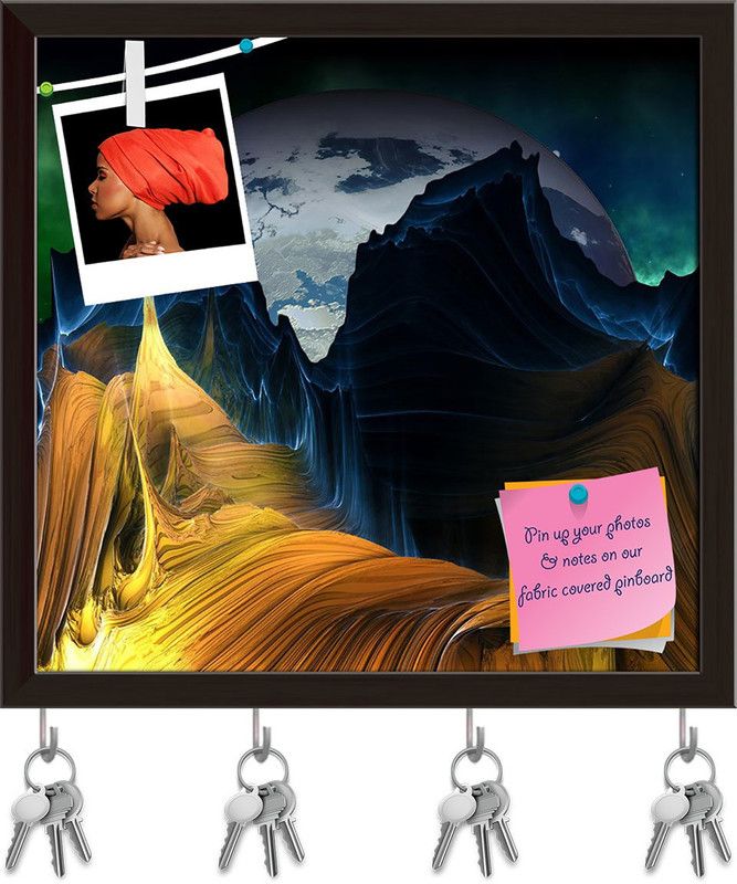 Artzfolio Alien Mountains With Space & A Big Planet Pinboard Key Hook Dark Brown16.7x16in Cork Bulletin Board  (Multicolor 16.7 x 16 inch (42 x 41 cms))