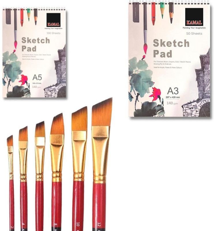 KAMAL Combo of Angular Paint Brush Set of 6 with A5/A3 Sketch PAD Set of 2 140 GSM